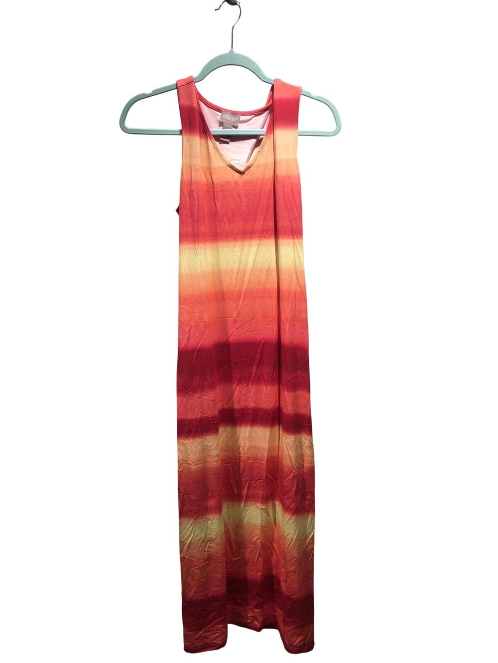 Chico's Dress Womens 1 Orange Striped Maxi Belted Beaded Jersey Sundress Beach